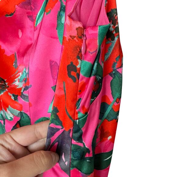 NWT Eliza J Petite Floral Satin Asymmetric-Hem Midi Dress Pink Multicolor Size 6 - Picture 8 of 9